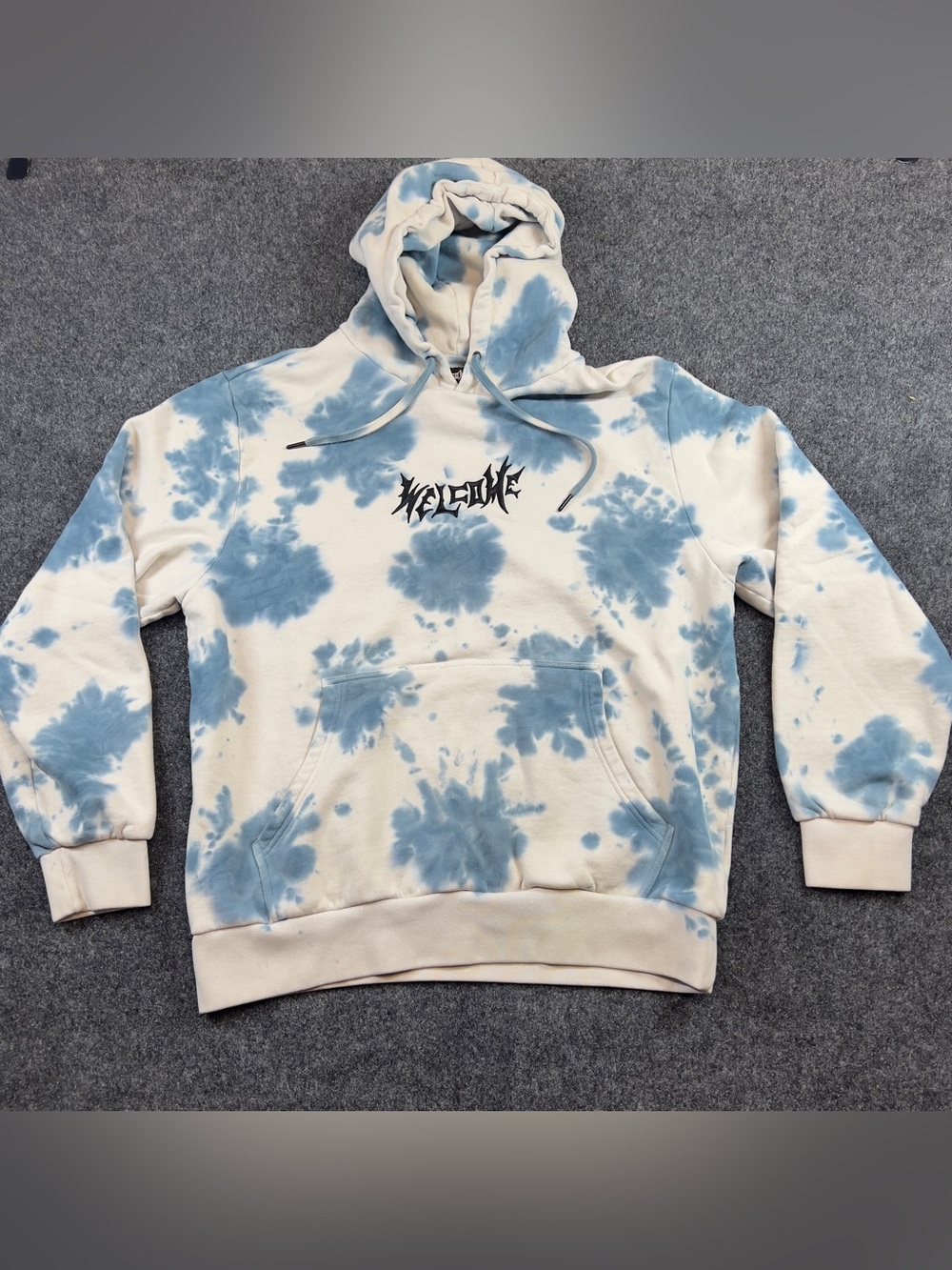 Welcome Blue Cream Tie Dye Embroidered Streetwear Hoodie L